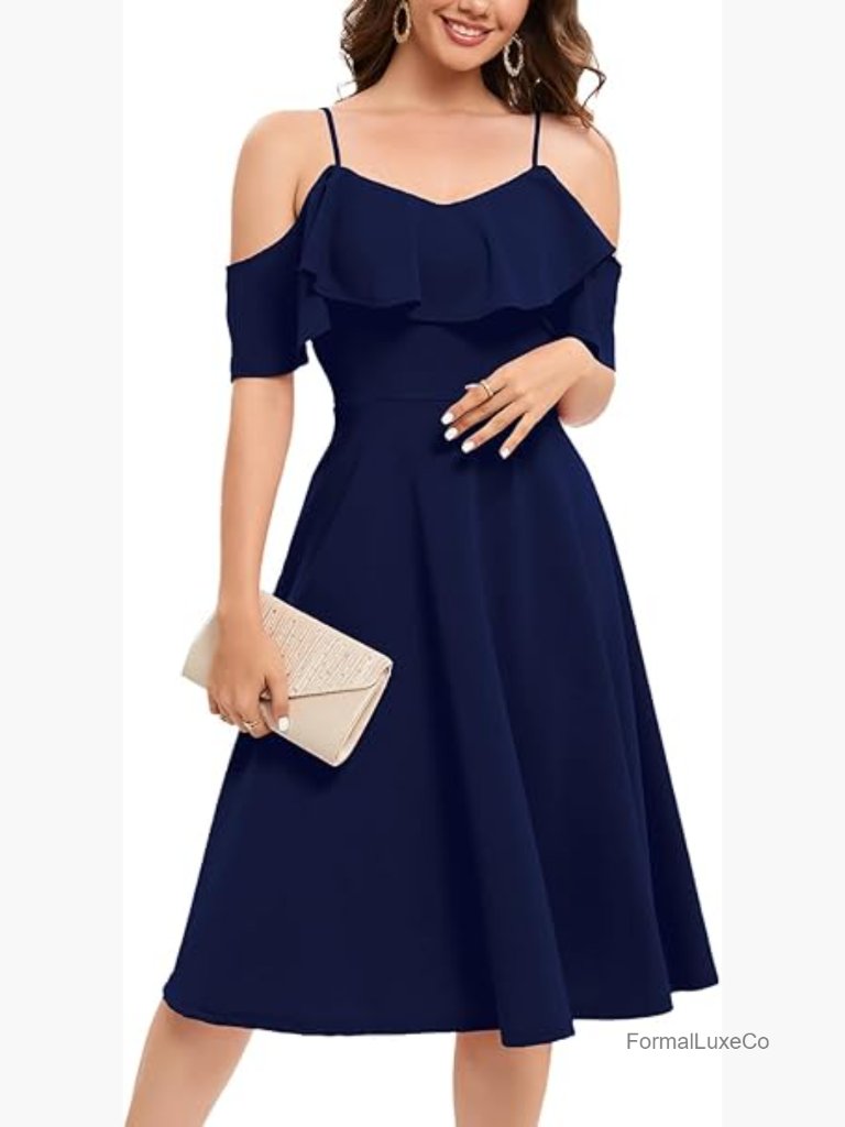 Off Shoulder Cocktail Midi Dress With Ruffle Neckline A-Line Fit